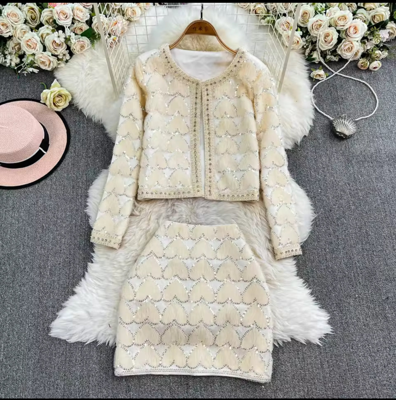 Cream Hearts 2 piece Suit Set