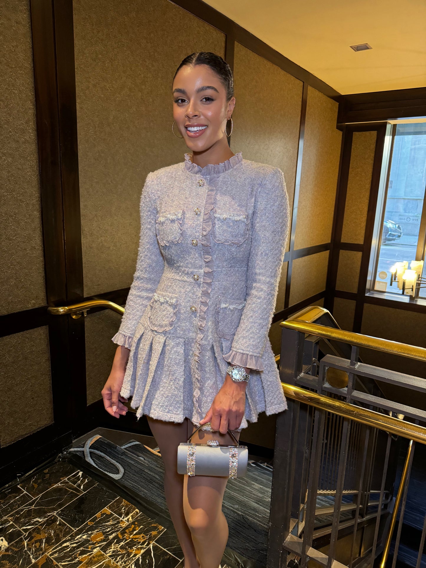 French Tweed Pleated Short Dress Violet